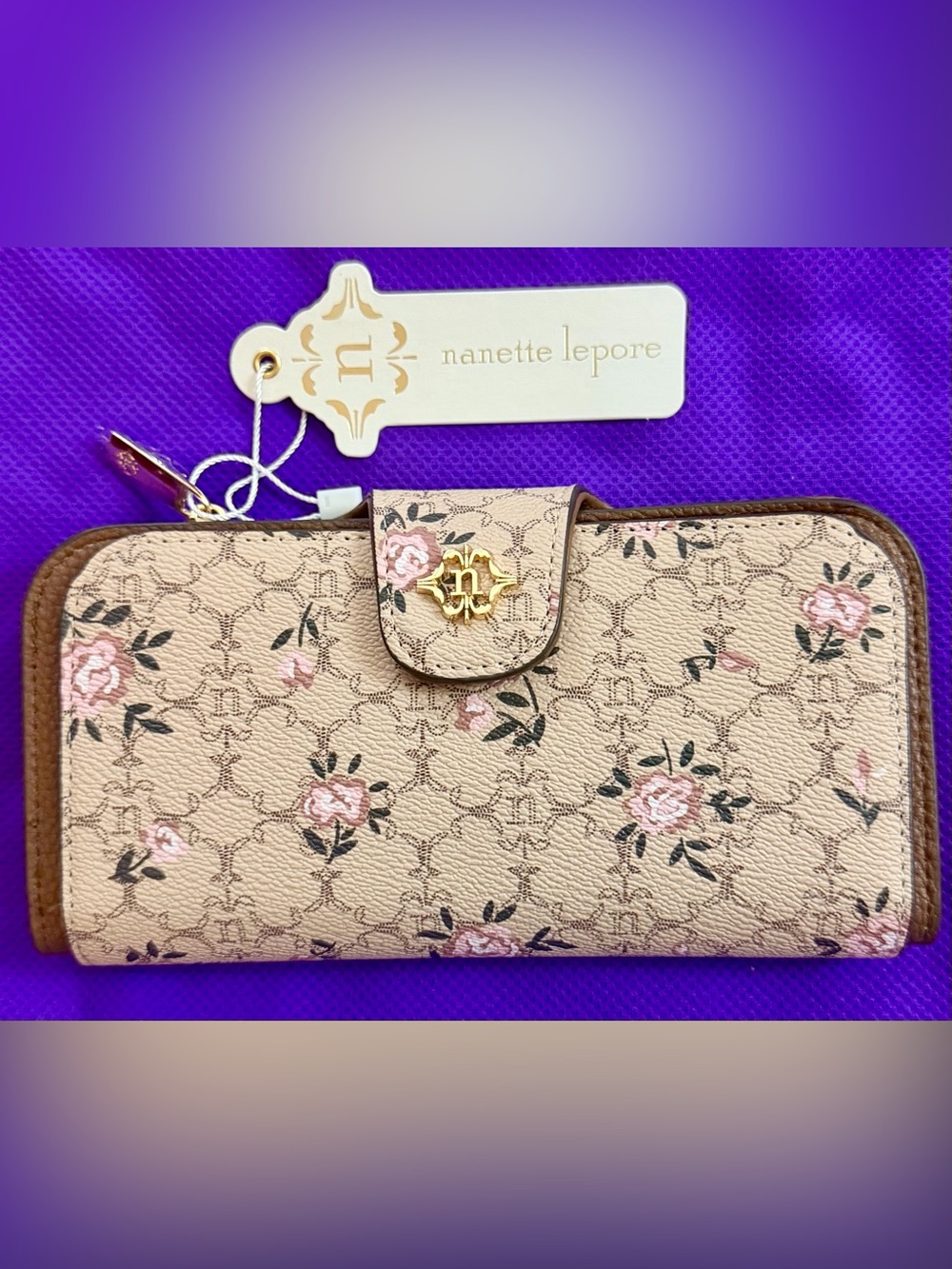 Nanette Lepore Beige Floral Wallet with Pink Rose Accents